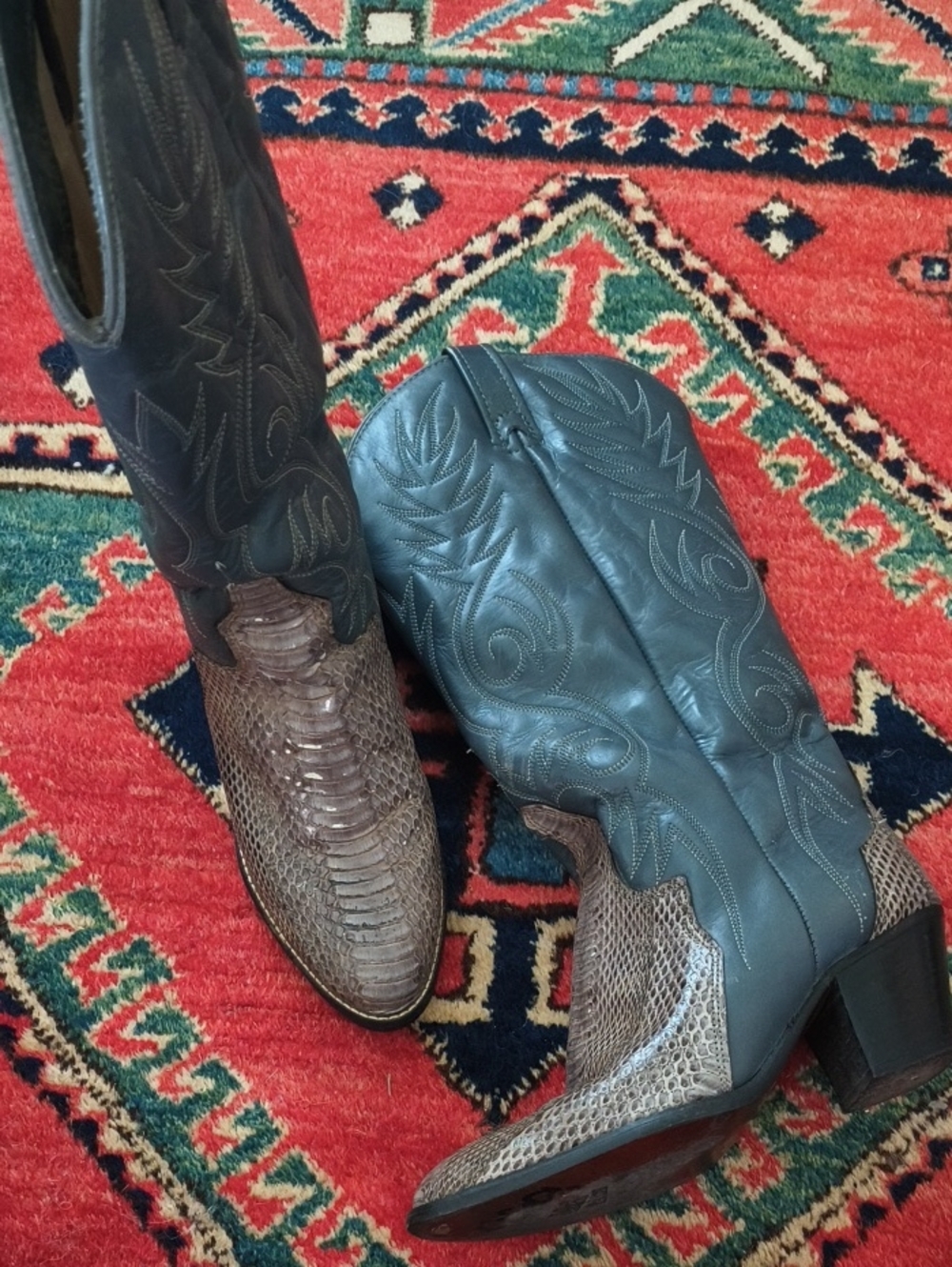 Vintage ACME Two-Tone Western Heeled Cowboy Boots - blue grey and snakeskin